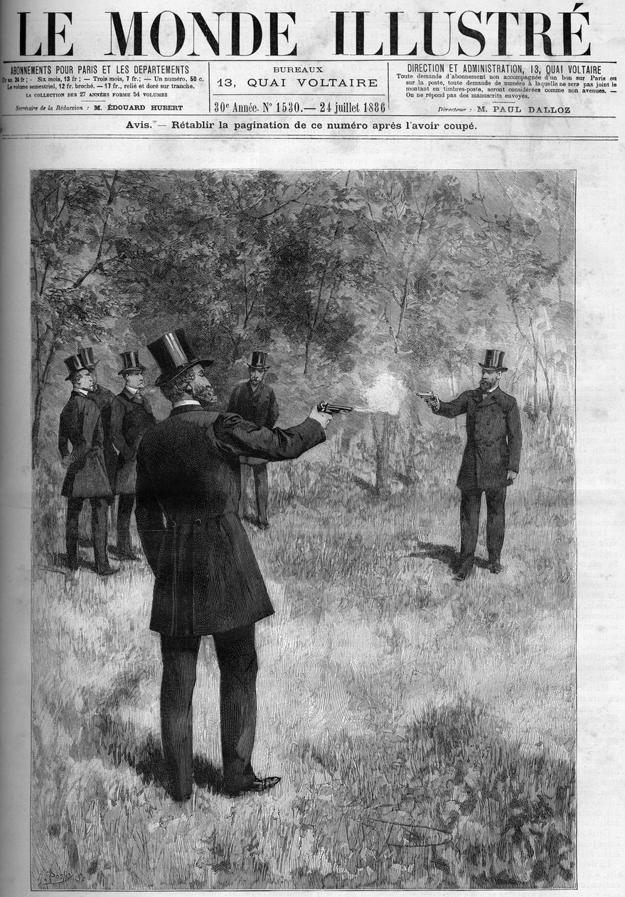 O duelo do General Georges Boulanger (1837-1891), Ministro da Guerra e do Barão Lareinty, Senador. Gravura em "O Mundo Ilustrado" 1886. de French School