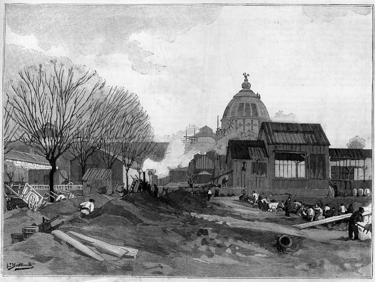 O local de terraplanagem para a instalação da monumental fonte em Paris para a exposição mundial de 1889. de French School