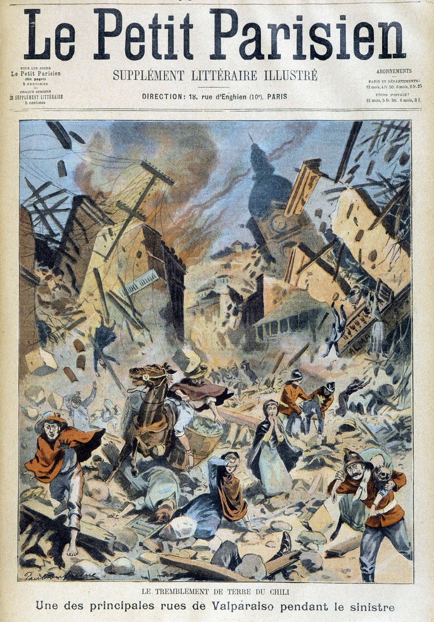 O terramoto no Chile: Valparaiso durante o desastre - em "O pequeno parisiense" de 09/09/1908 de French School