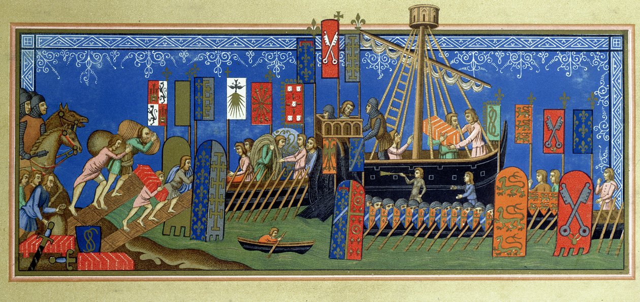 O embarque dos Cavaleiros do Espírito Santo para as cruzadas, depois de uma miniatura no manuscrito Statuts de lordre du Saint-Esprit de Nápoles, no Louvre, gravada por Felix Regamey (1844-1907) de French School