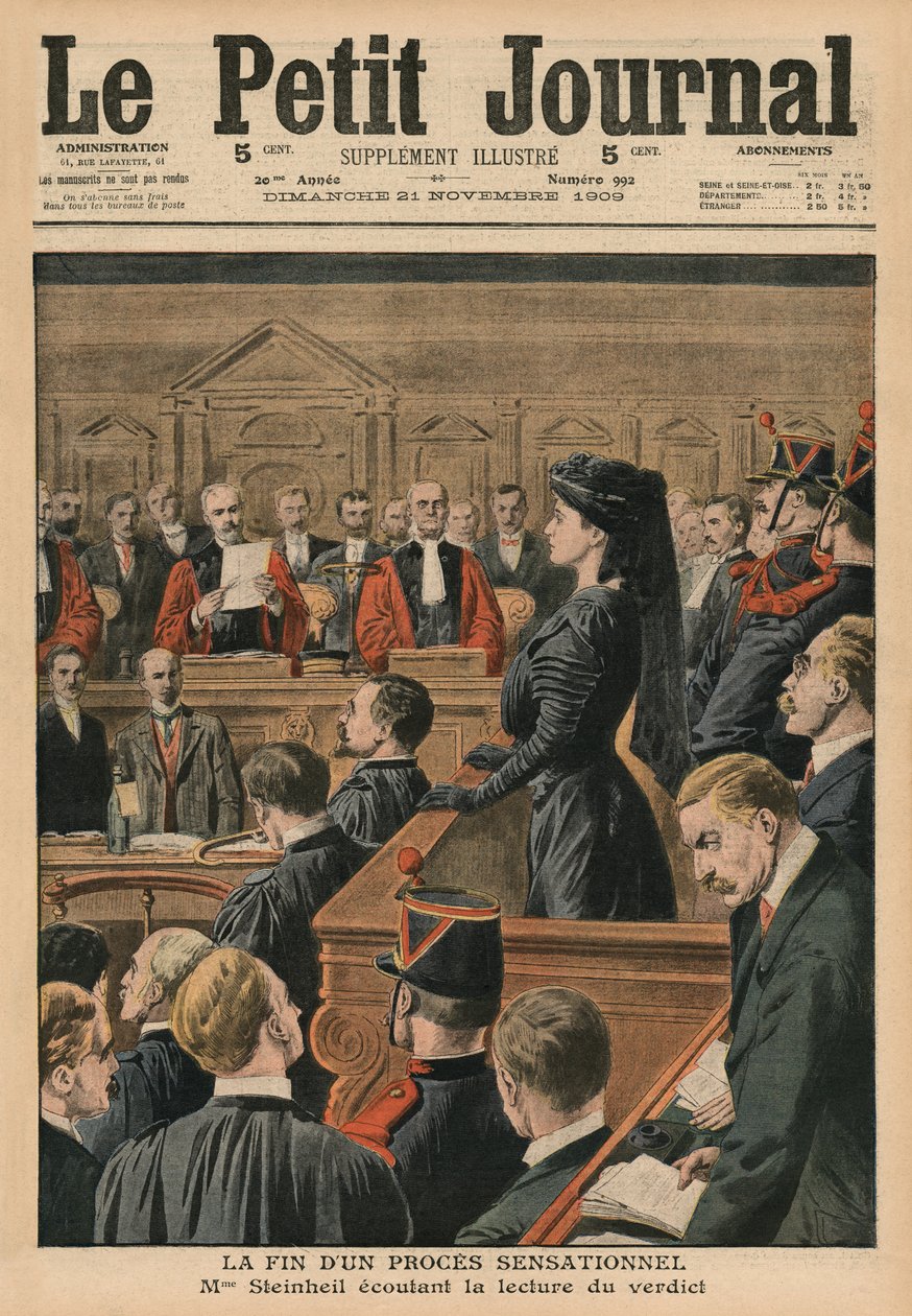 O fim de um julgamento sensacional, Marguerite Steinheil ouvindo o veredicto, ilustração da capa do &39;Le Petit Journal&39;, suplemento ilustrativo, 21 de novembro de 1909 de French School