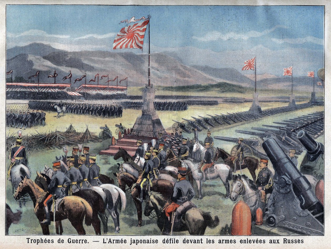 Fim do conflito russo japonês, o exército vitorioso do Japão senta-se em frente à aquisição de armas pela Rússia, no "Le Petit Parisien", no dia 24/06/1906 (gravura) de French School