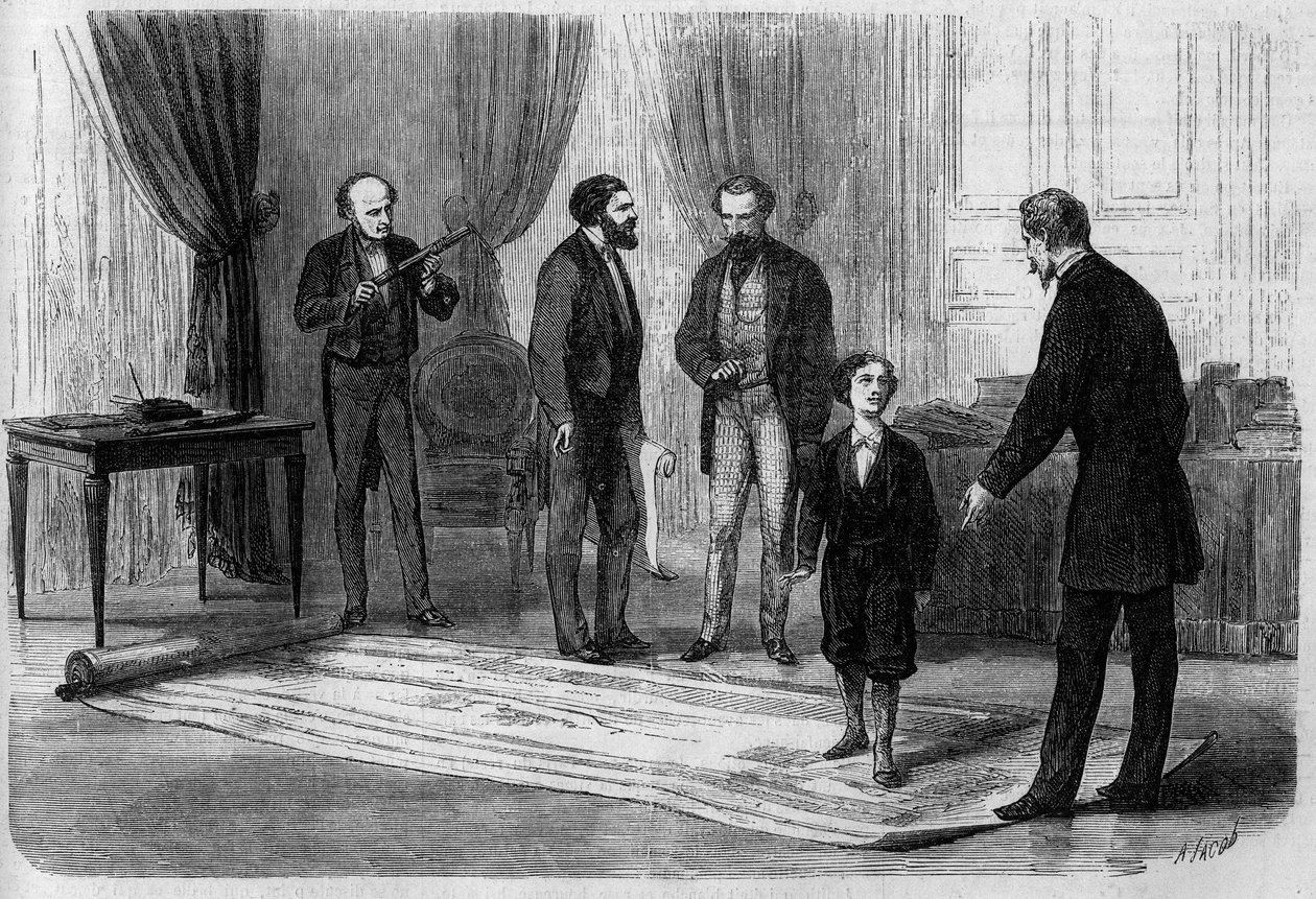 O engenheiro Boutet apresentou ao Imperador Napoleão III (1808-1873) o seu plano para uma ponte ferroviária entre a França e a Inglaterra, na presença do seu filho Príncipe Imperial (1856-1879). de French School
