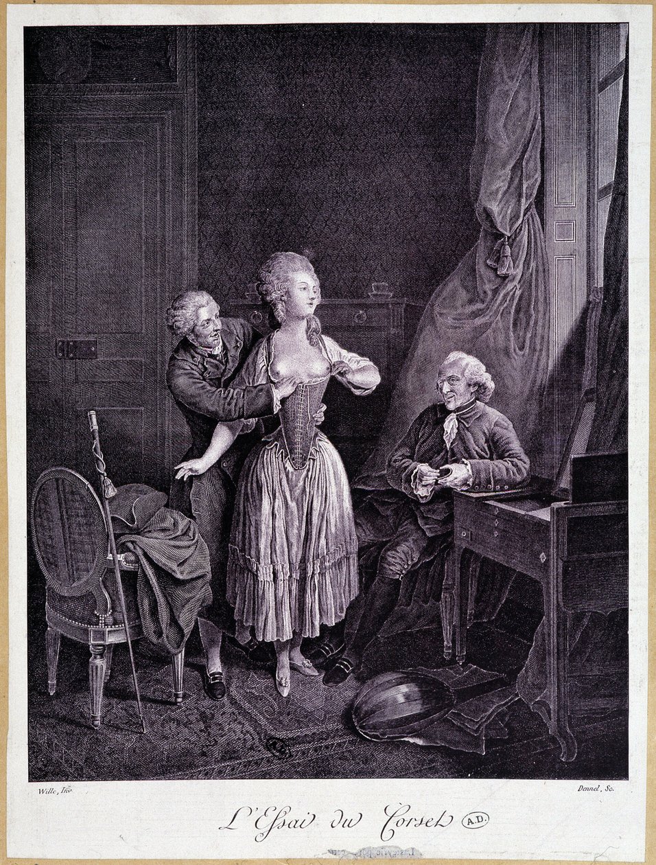 O ensaio do espartilho (dois homens e uma mulher com os seios desnudados) - 18ª gravura. de French School