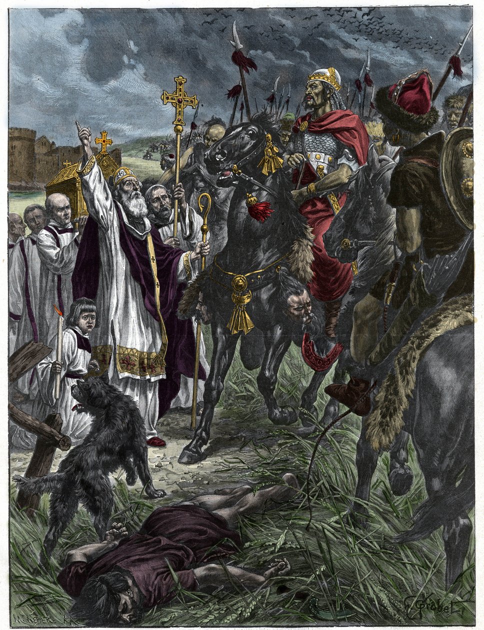 O eveque Saint Loup de Troyes arretes Attila rei dos hunos antes de Troyes - Invasões Bárbaras - Gravura após a pintura de H. Grobert. de French School