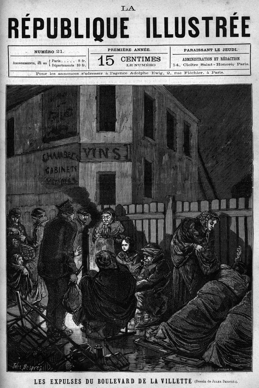 As expulsões da Boulevard de la Villette: os trabalhadores expulsos de uma cidade parisiense devem dormir na rua (S.D.F.). Um jornal. Gravura de 1880 na colecção privada "La republique illustree". de French School