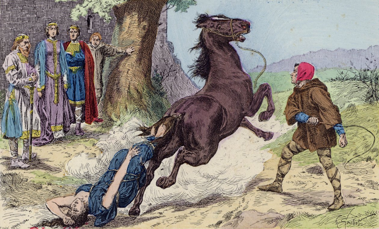 Execução de Brunhilda da Austrásia por Chlothar II, 613 (litografia a cores) de French School