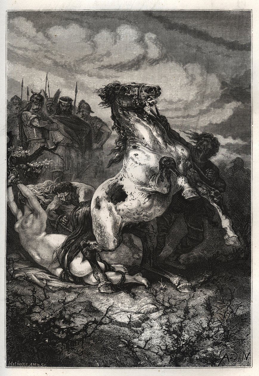 A execução de Brunhilda da Austrália por Chlothar II, 613 - A morte da rainha Brunhilda da Austrália, uma princesa visigótica, casada com o rei Sigebert I da Austrália - Mort de Brunehaut (ou Brunehilde) encomendada por Clotaire (Clothaire) II (613). gravu de French School