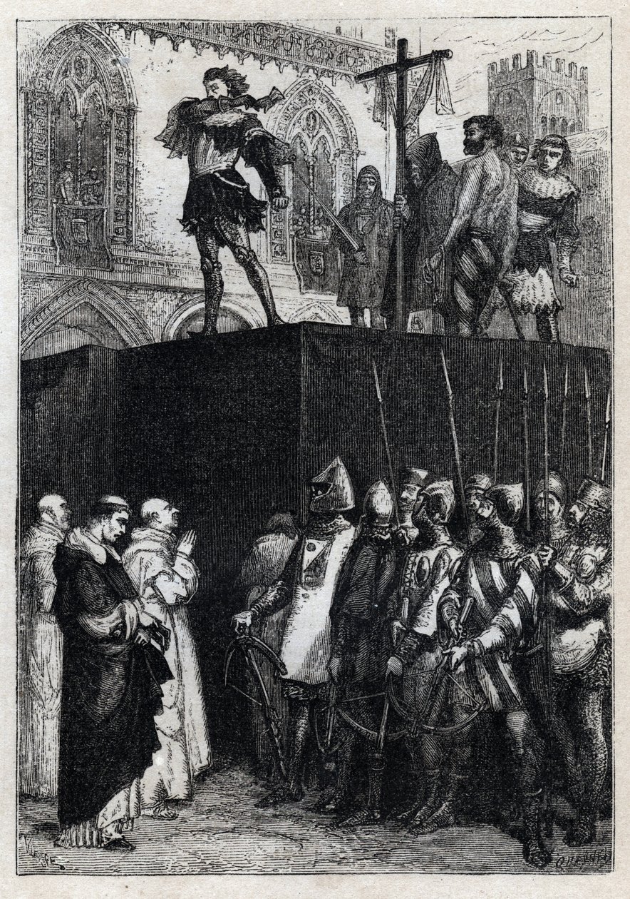 A execução de Conradin (ou Conrado de Hohenstaufen) Rei da Sicília e Duque da Suábia (1252-1268) por ordem de Carlos de Anjou após a batalha de Tagliacozzo em 1268" (Execução de Conradin (ou Conrado o mais novo), último rei Staufer da Sicília, após de French School