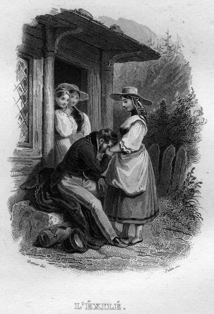 O exilado Chanson de Beranger em "Obras Completas" (1834) de Pierre Jean de Beranger (1780-1857), poeta e compositor francês. de French School