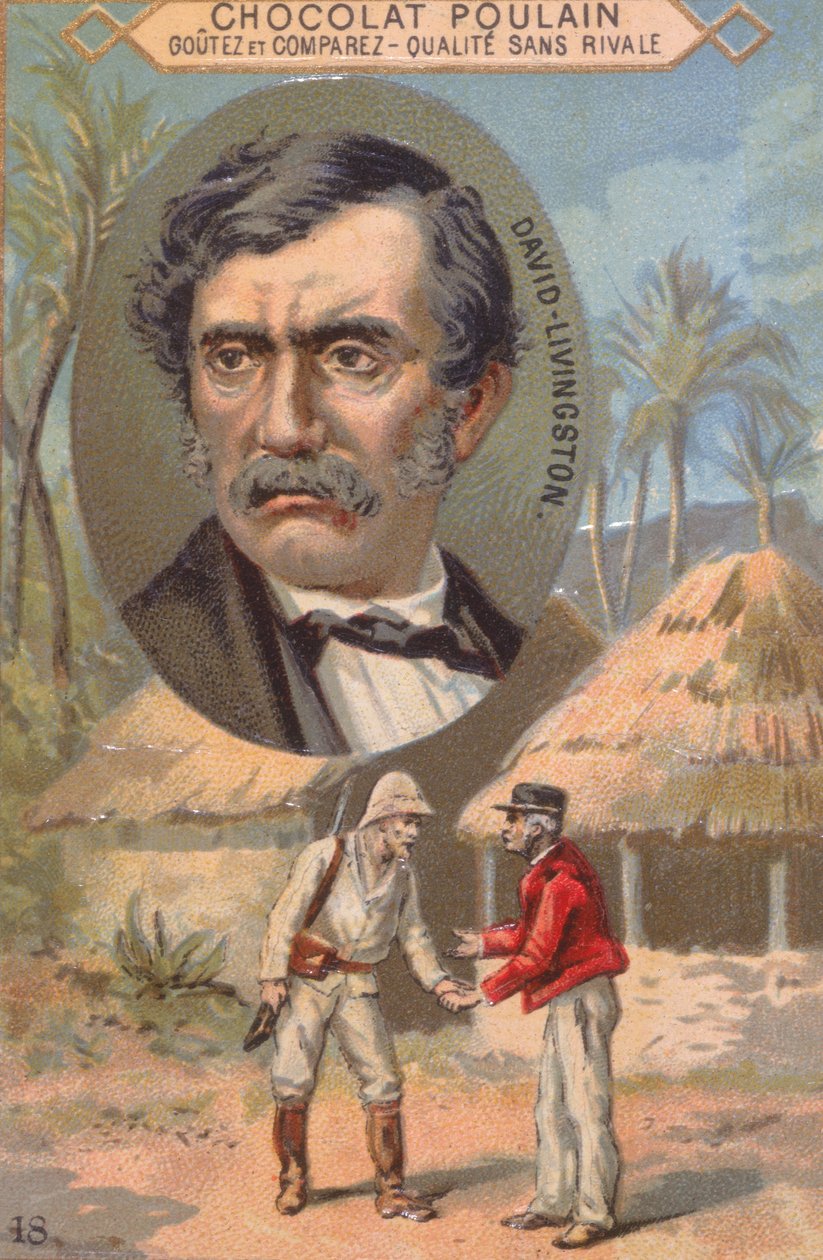 O explorador David Livingstone (1813-73) e seu encontro com Stanley (1840-1904) em Ujiji, em 27 de outubro de 1871, anunciam o comércio de cartões Poulain chocolate de French School