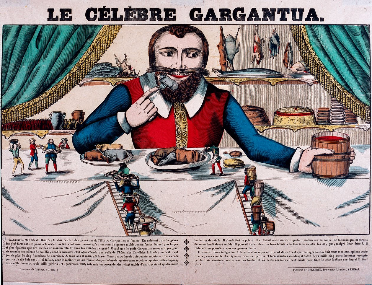 O famoso personagem Gargantua dos romances de François Rabelais (1494-1553), escritor francês. Gargântua tem um dossel grande e tem todo o tipo de pratos. Epinal Imaging of the 19th century - de French School