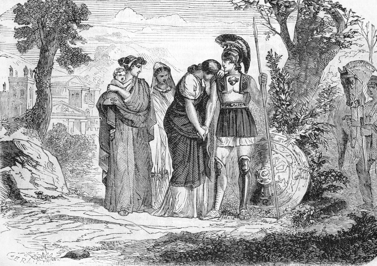 A despedida de Hector e Andromaque (gravura) 1864 de French School