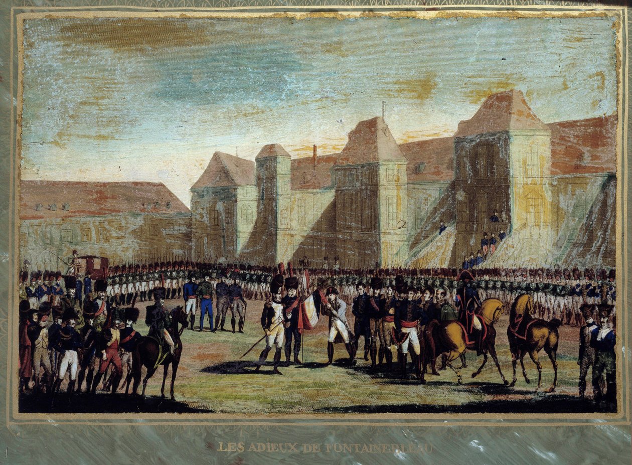 A despedida de Napoleão Bonaparte (1769-1821) tem a guarda imperiosa no pátio do Cheval Blanc, em Fontainebleau, em 20/04/1814. Pintura anónima. 1814 Ilha Aix, museu napoleônico de French School