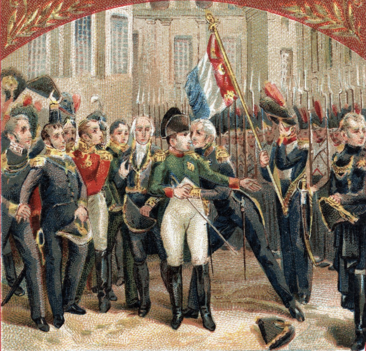 A despedida de Napoleão Bonaparte (1769-1821) tem a guarda imperiosa no pátio de Cheval Blanc, no castelo de Fontainebleau, em 20/04/1814. Cromolitografia do final do século XIX de French School