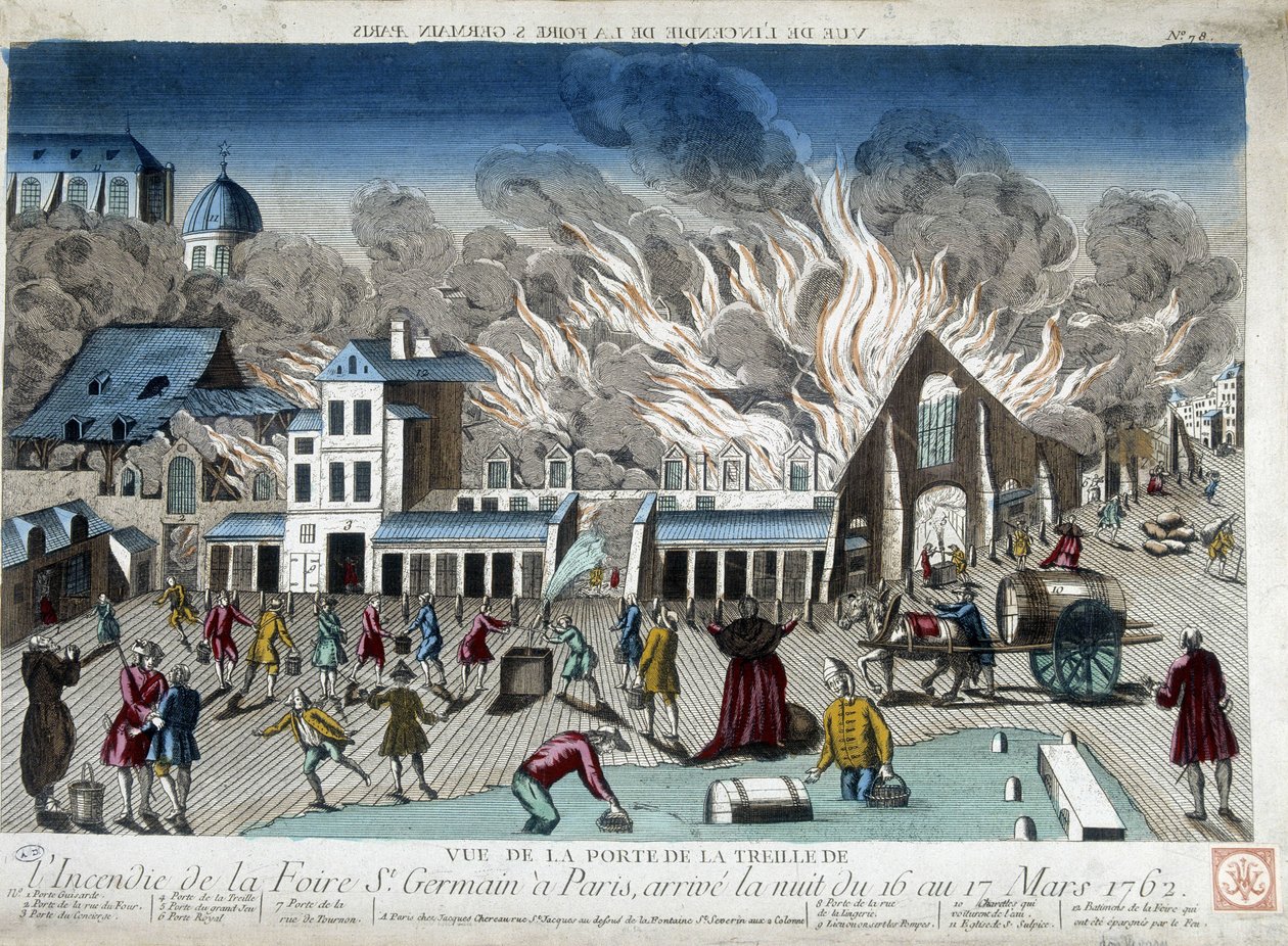 O incêndio da Feira de Saint Germain em Paris, na noite de 16 para 17 de Março de 1762 - gravura de French School