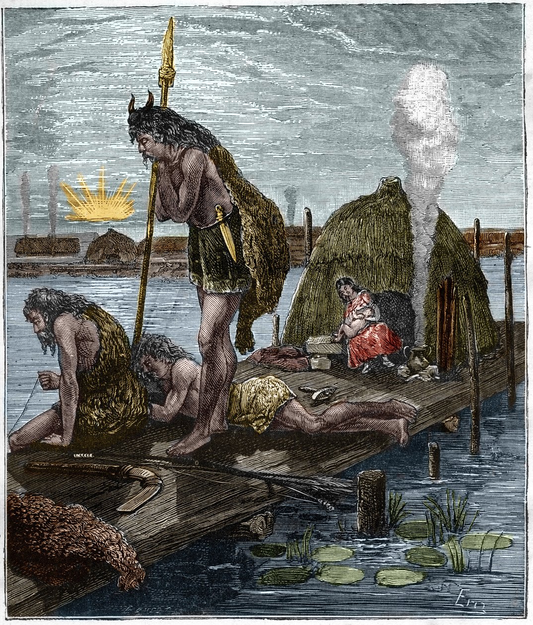 Os primeiros parisienses, ou habitantes de Lutece (Paris) (hutte on stilts) Gravura de "Paris através do século" de H. Gourdon de Genouillac (1874). de French School