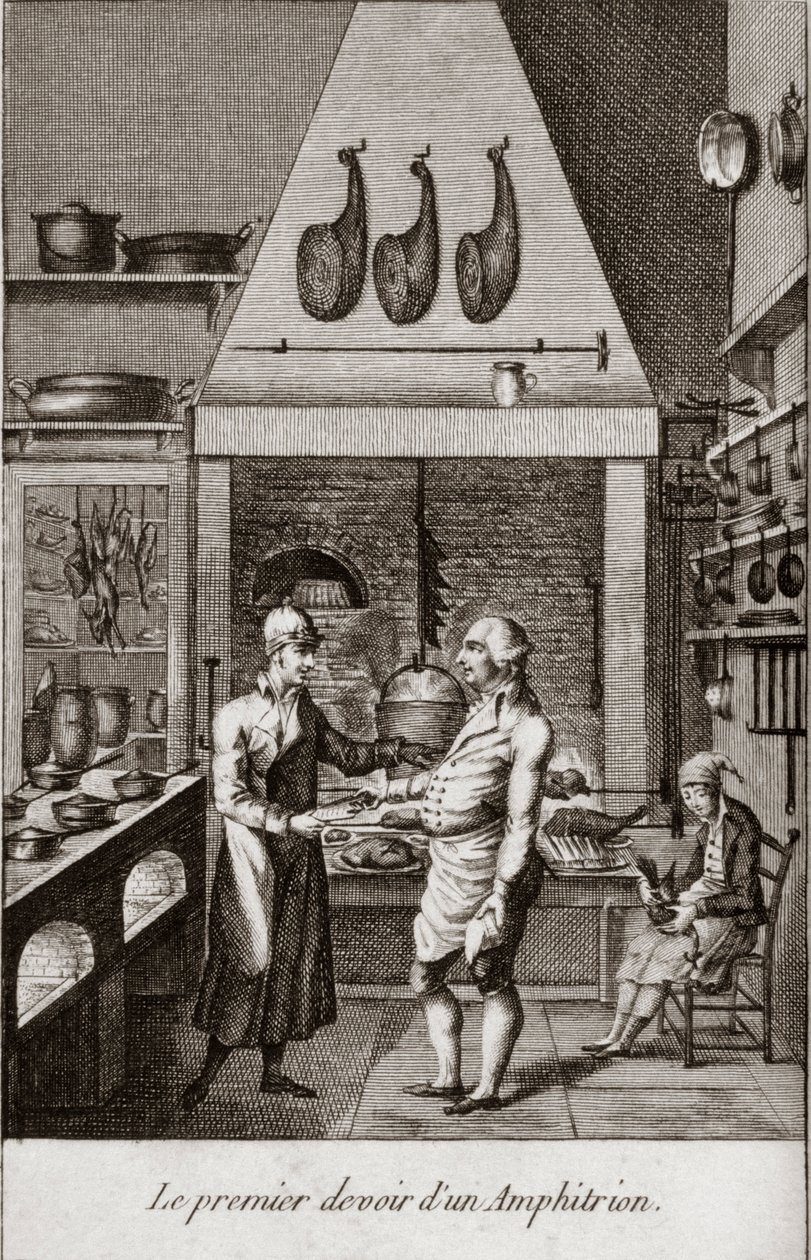 O primeiro dever de um Anfitrião (anfitrião) - gravura em "Almanaque de gourmets, servindo de guia em maneiras de fazer excelente querido. Por um velho amador" de Alexandre Balthazar Laurent Grimod de la Reyniere - 1804-1812 de French School