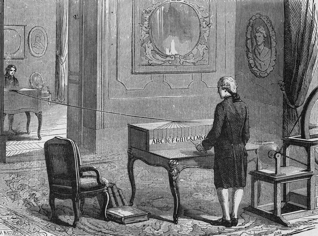 O primeiro telégrafo eléctrico (aparelho de Georges Lesage), Genebra 1760. In" Album de la Science", Éditions Jouvet de French School