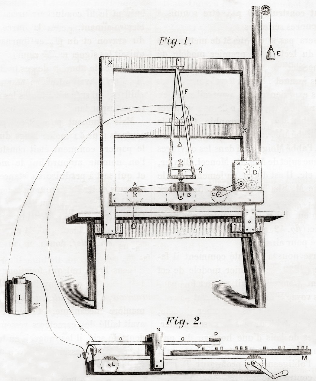 O primeiro telégrafo eléctrico inventado por Samuel Morse em 1837, de Les Merveilles de la Science, publicou c.1870 (gravura) de French School