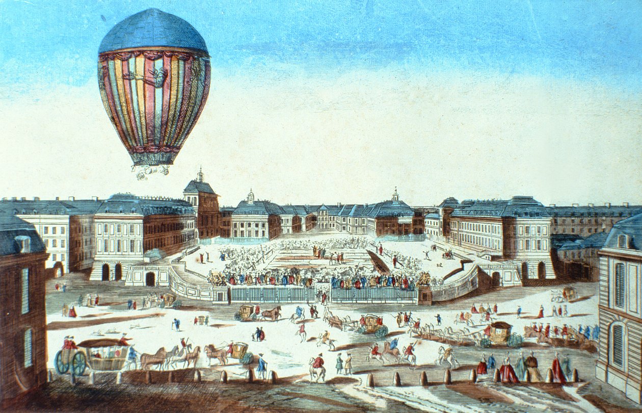 O primeiro voo do balão de ar quente de Pilatre du Roziers, em homenagem ao seu patrocinador, M. Montgolfier, em Versalhes, em 23 de junho de 1784 de French School