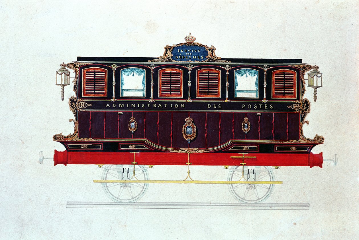 O primeiro correio-van na França, c.1830-48 (caneta e tinta e wc no papel) de French School