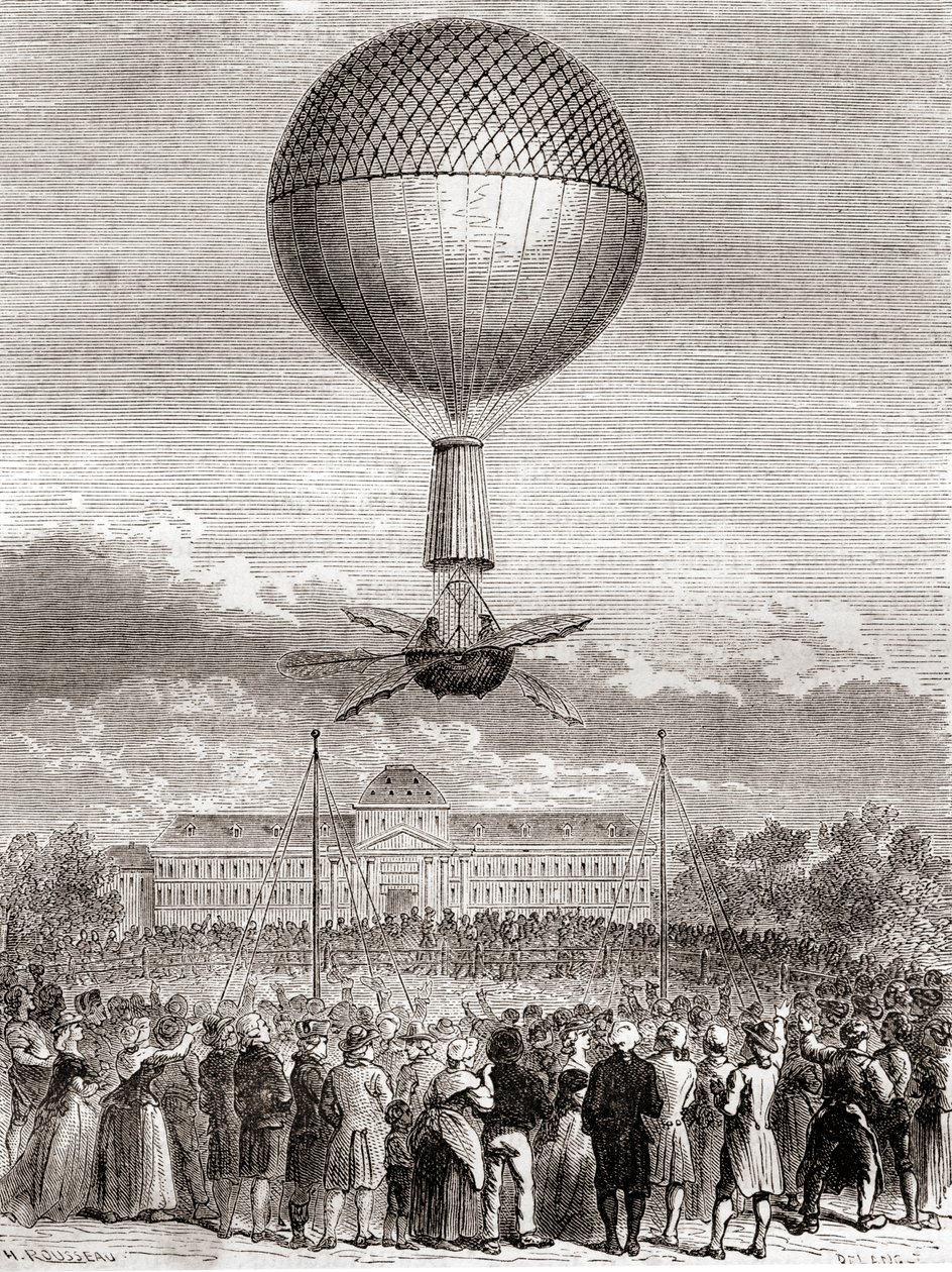 O primeiro voo de sucesso de Jean-Pierre François Blanchard em 2 de Março de 1784, num balão de gás hidrogênio lançado do Champ de Mars, Paris, França, de Les Merveilles de la Science, publicou c.1870 (gravura) de French School