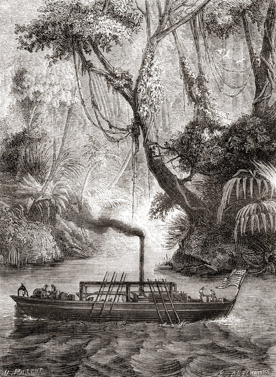 O primeiro teste bem-sucedido do barco a vapor Perseverança de John Fitch no Rio Delaware, América, 22 de agosto de French School