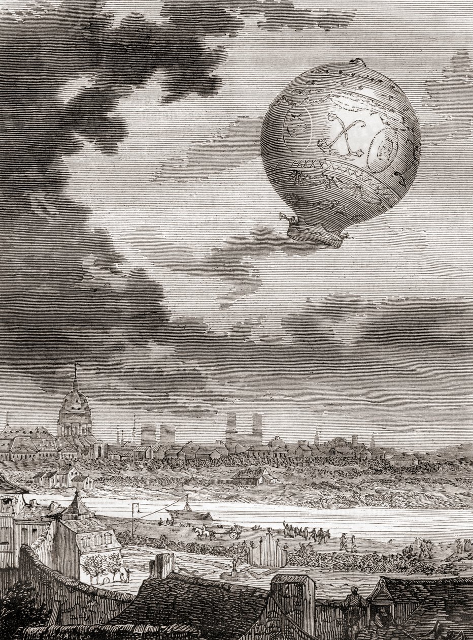 O primeiro vôo de balão desamarrado, por Jean-François Pilâtre de Rozier e o Marquês de Arlandes em 21 de Novembro de 1783, num balão Montgolfier, de Les Merveilles de la Science, publicado c.1870 (gravura) de French School