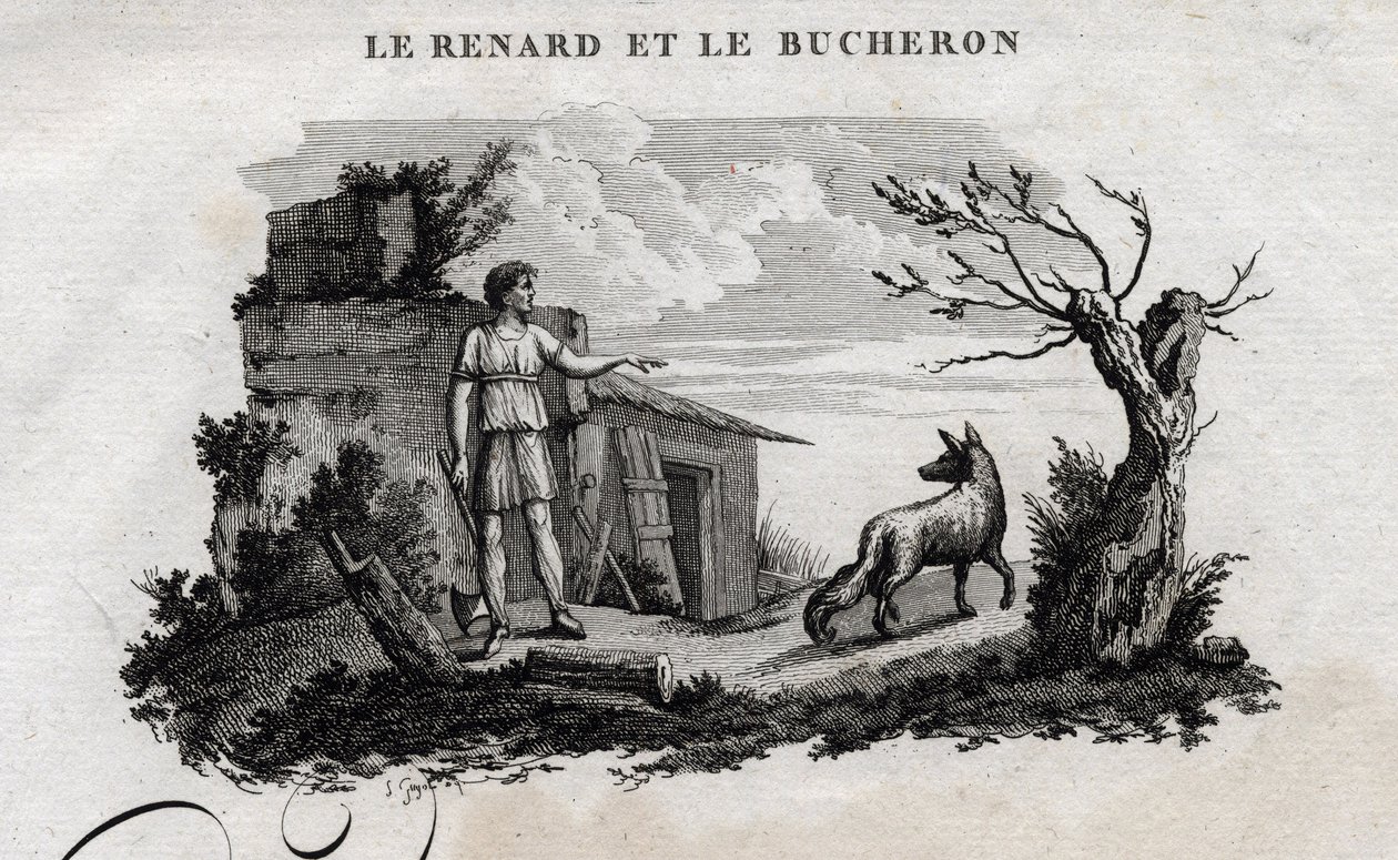 A raposa e o homem da floresta. A fábula de Esope. (escritor grego Esopo ou Ecopus, século VI a.C.) Escrito por Guillaume Montfort e Gravees por Beauble em 1801. de French School