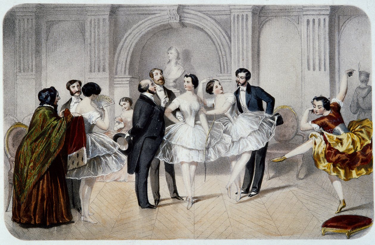 O foyer da Ópera (Opera Garnier em Paris). Um dançarino tutu conversando com cavalheiros que vieram cumprimentá-los ou dar alguns passos para dançar. Gravação de French School