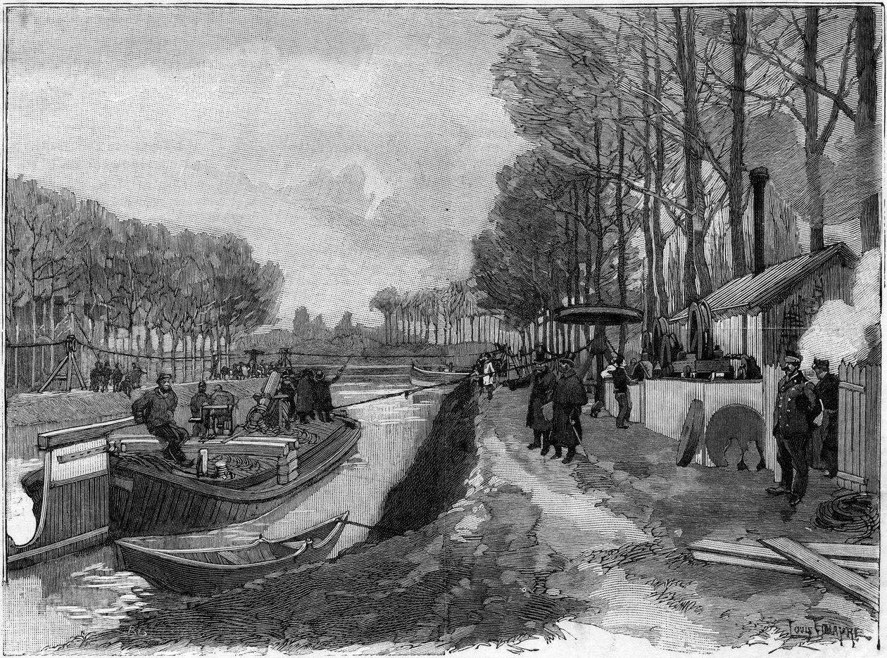 O transporte funicular de barcos nos canais de Joinville le Pont, seguindo o sistema Maurice Levy. de French School