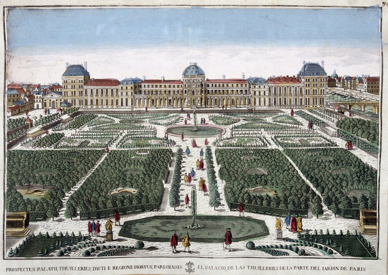 Os jardins e o palácio das Tuileries - gravura de French School
