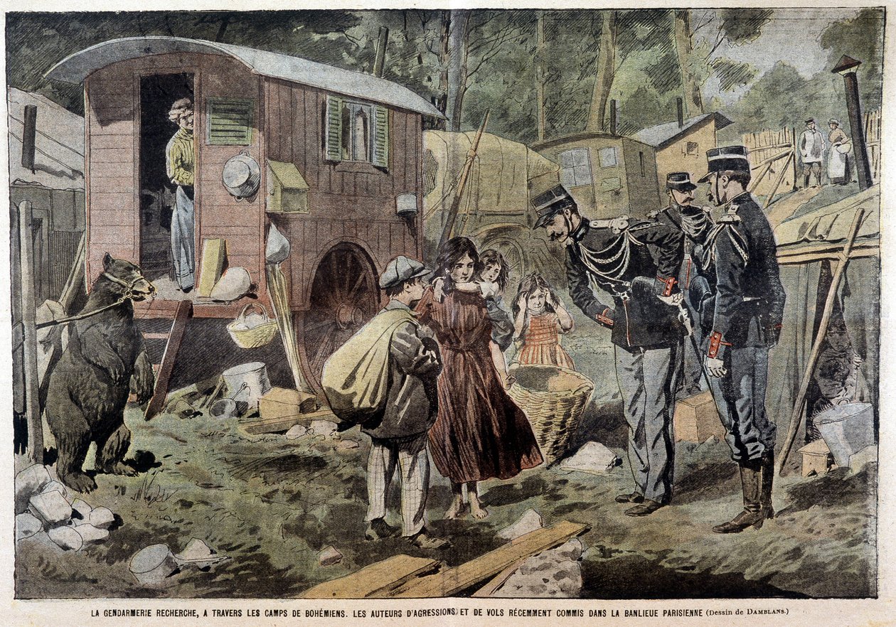 A gendarmerie procura, através dos campos ciganos, os autores dos recentes ataques e roubos cometidos no subúrbio parisiense - em "Pelerin" de 21/04/1907. de French School