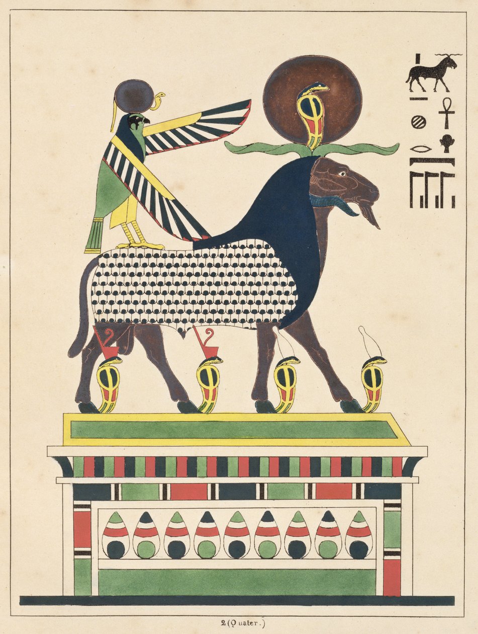 O deus Amon-Ra, ilustração do panteão egípcio: coleção de personagens mitológicos do Egito Antigo por Jean-François Champollion, publicado em 1986 de French School