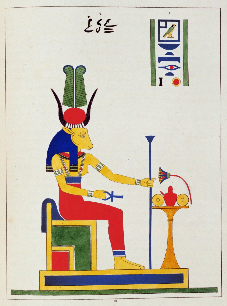 A deusa Hathor, ilustração do panteão egípcio: coleção de personagens mitológicos do antigo Egito, por Jean-François Champollion, publicado em 1986 de French School