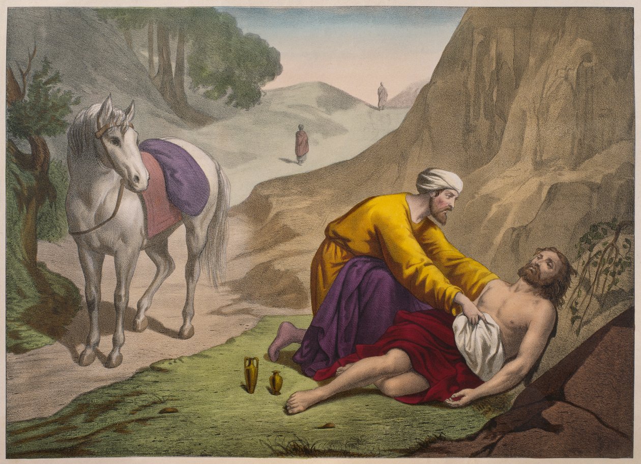 O bom samaritano, ilustração de um catecismo LHistoire Sainte, publicado por Charles Delagrave, Paris, final do século XIX de French School