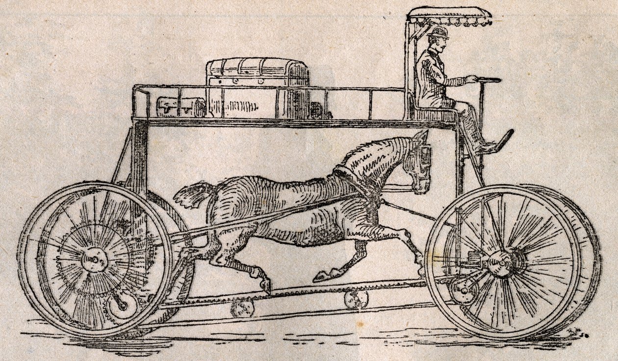 O hipociclo: invenção para a "conservação dos cavalos" como meio de transporte após a chegada dos carros e bicicletas. Gravura em "Le Pelerin" de 9 de agosto de French School