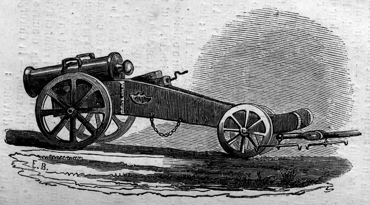 O howitzer do exército austríaco usado durante a batalha da Ponte de Buffalora (Itália) durante o Risorgimento, em 1859. Gravura no "Le Monde Illustré" n°114 de 18 de Junho de 1859. de French School