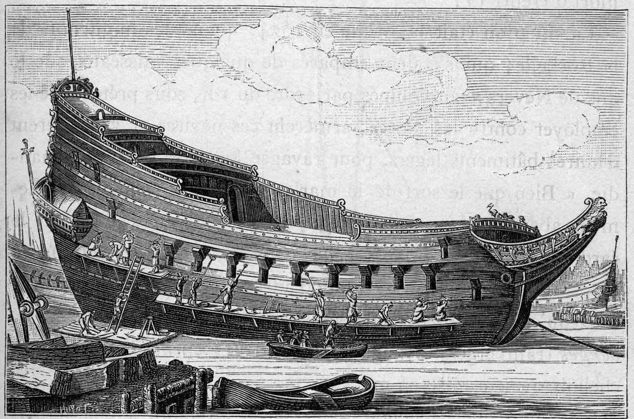 O casco de um grande navio no século XVII. Gravura em “La Marine et les colônias: comércio” de French School