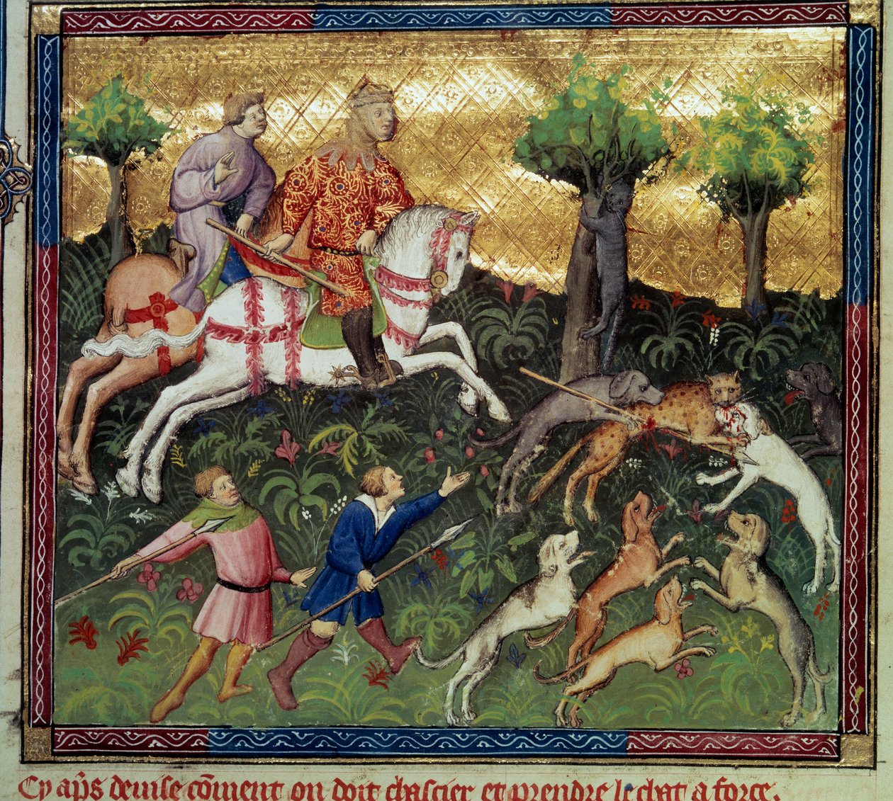 A caça ao gato selvagem Miniatura retirada de "O livro de caça" de Gaston III Phoebus, Conde de Foix, Senhor de Bearn (1331-1391) de French School