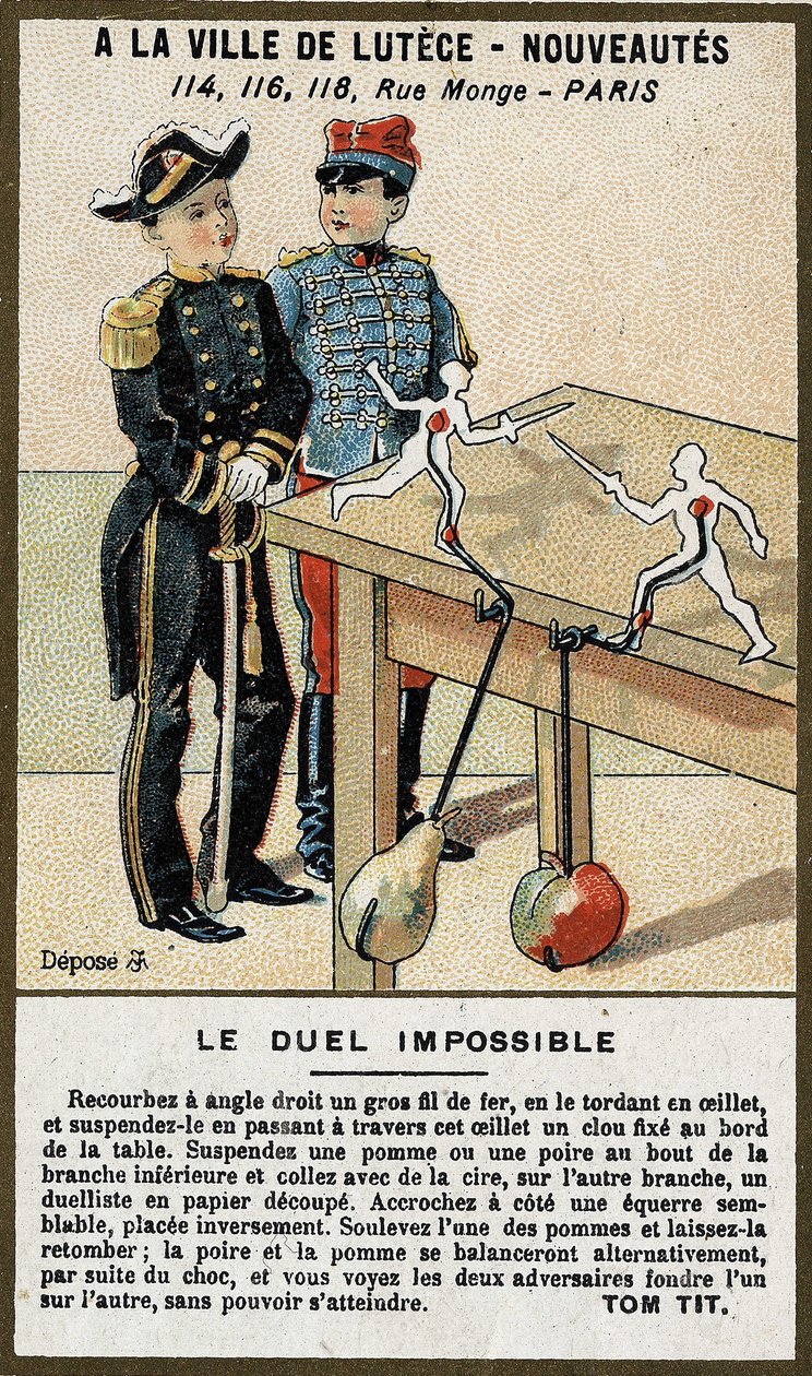 O duelo impossível: cartão infantil a explicar um jogo para se construir. A cromolitografia do século XIX. de French School