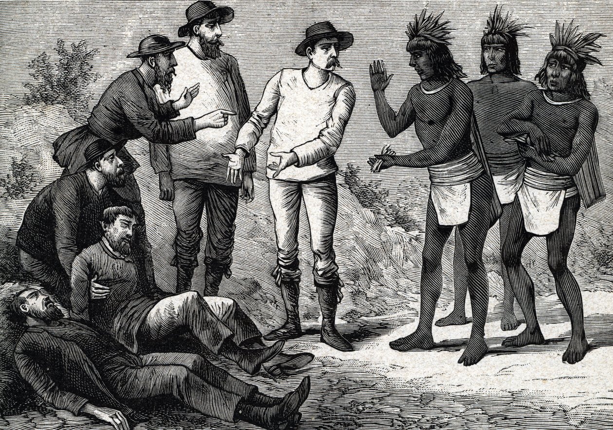Os habitantes do Peru ajudando os europeus coloniais que sofrem de malária com Cinchona (gravura) 1888 de French School