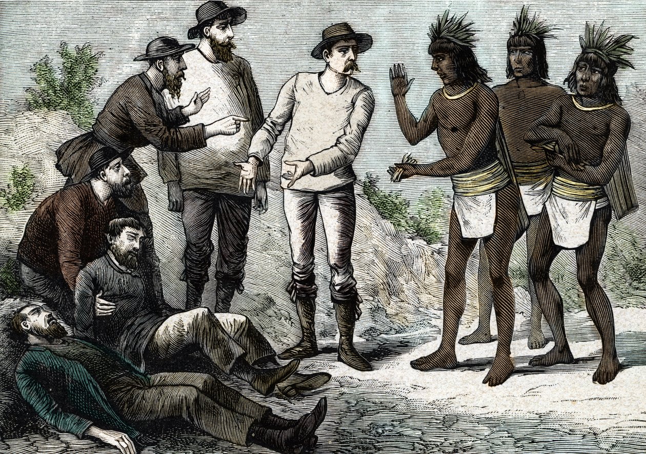 Os habitantes do Peru ajudando os jesuítas que sofrem de malária com Cinchona de French School