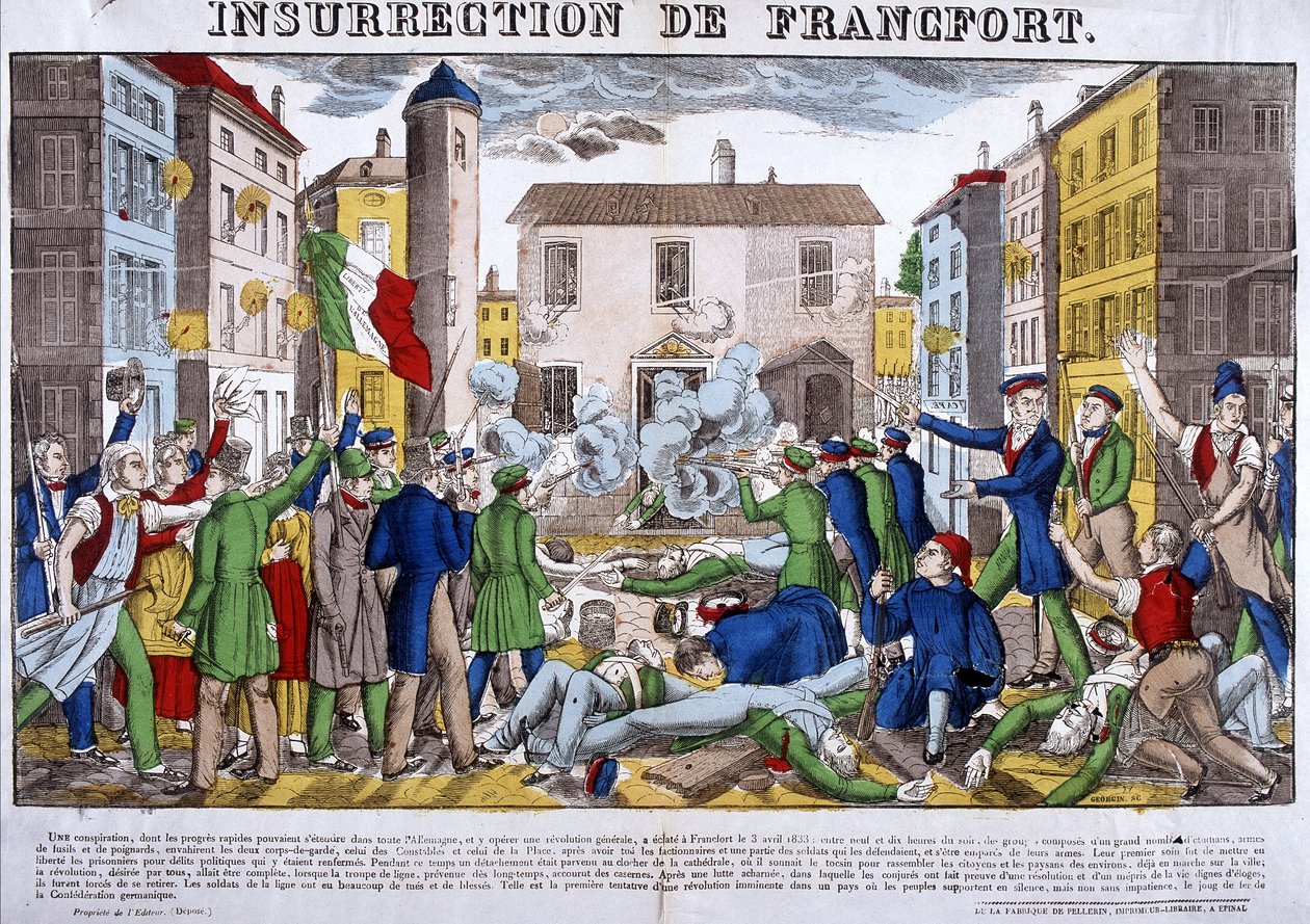 A insurreição de Frankfurt a 3 de Abril de 1833, capital da Confederação Alemã. Foto da Epinal de French School