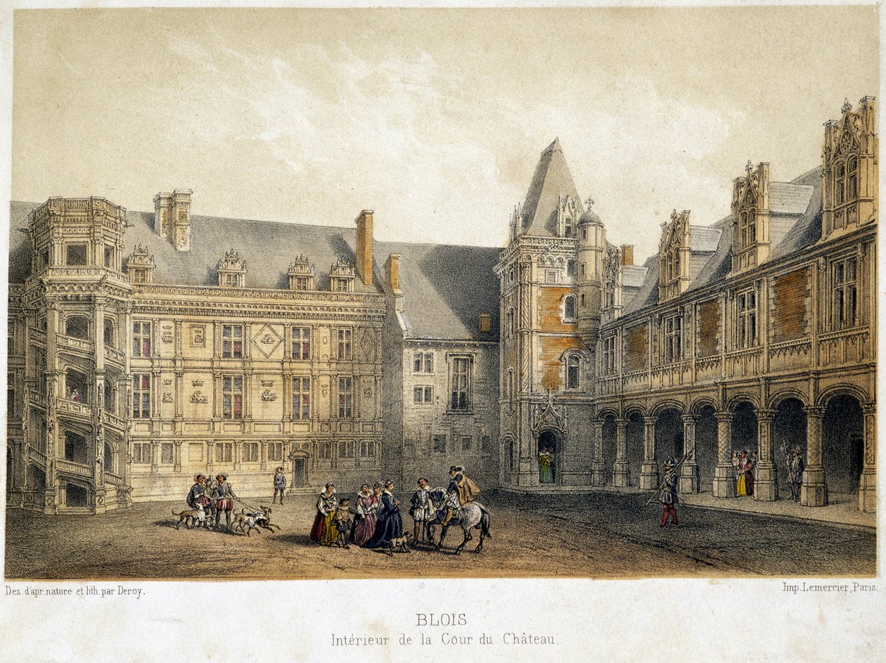 O interior do pátio do castelo de Blois no período de François I (século XVI) - litografia de French School