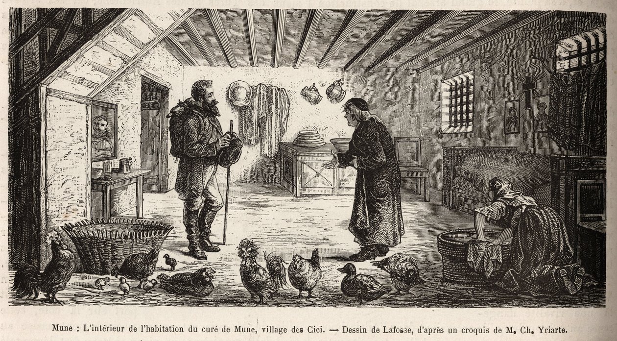 O interior da casa da cura de Mune, aldeia de Les Cici, que acolhe o narrador na sala principal, onde uma mulher lava a roupa de joelhos, ao lado das aves que lá vivem em total liberdade, gravando depois de um desenho de Lafosse ilustrando de French School