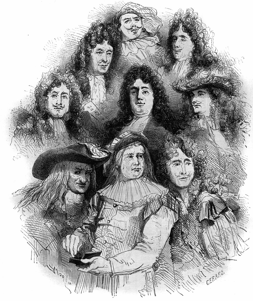 Os intérpretes de Moliere na Comedie Francaise, em 1862-1863. De baixo para cima: Provost (Arnolphe), Joseph Samson (1893-1871) (Sganarelle), Geffroy (Clitandre), Bressant (Don Juan), Edmond Got (1822-1901) (Trissolin), Louis Delaunay (1826-1903) (Hor de French School