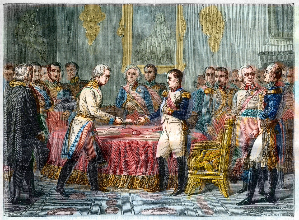 A entrevista de Erfurt, 27 de Setembro - 14 de Outubro de 1808 - Napoleão I recebendo o Barão Vincent, diplomata austríaco e enviado do Imperador da Áustria à direita Alexandre I da Rússia (1777-1825) - Assembleia dos Príncipes em Erfurt em 27 de Setembro  de French School