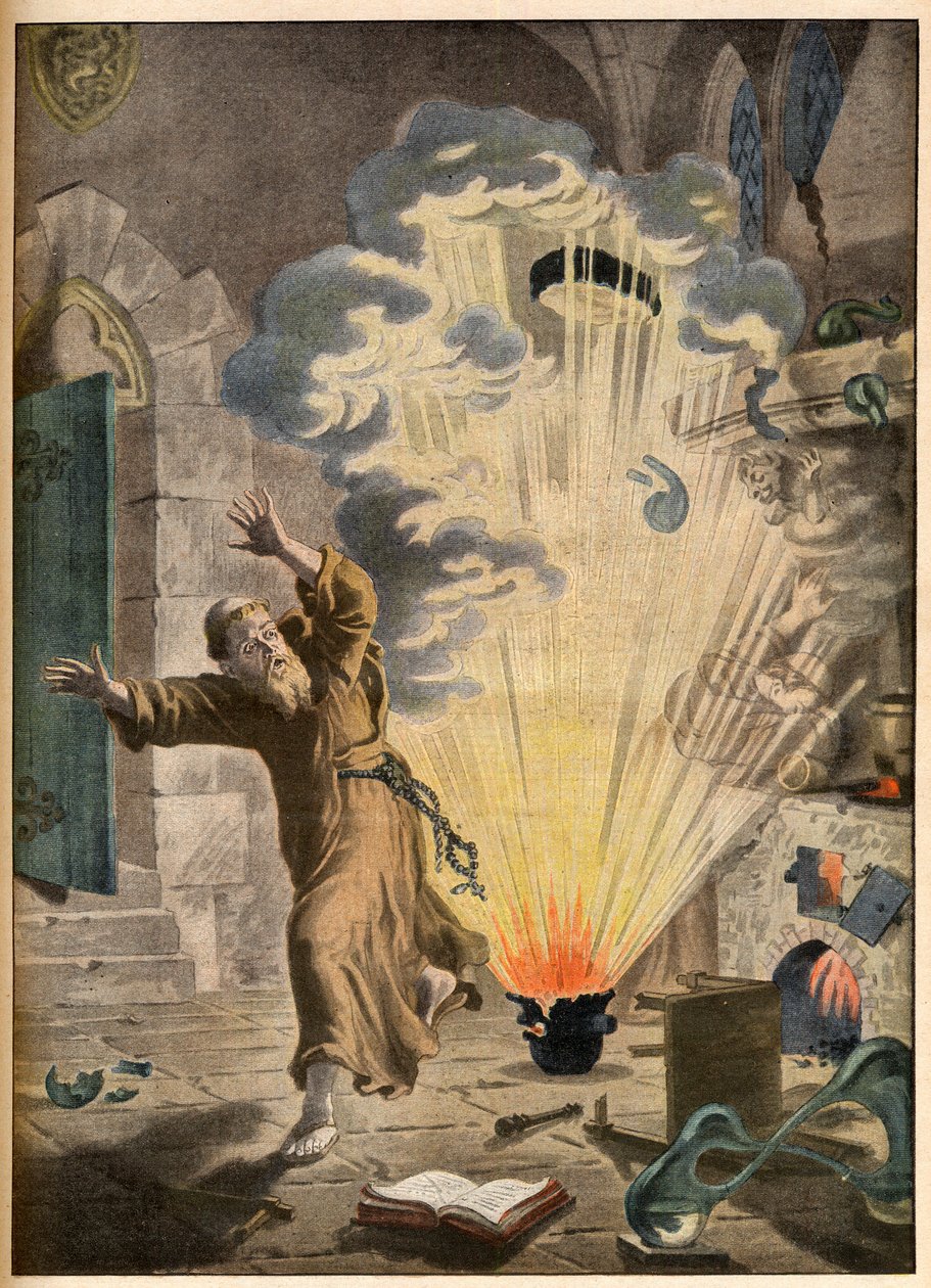 A invenção da pólvora pelo monge e alquimista alemão Berthold Schwartz (ca. 1318-1384) - Invenções ilustres. A pólvora. Ilustração para Le petit Journal, 27 de Janeiro de 1901. de French School